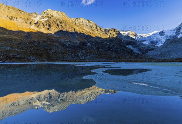 The Moiry glacier and mountain peaks are reflected in Lac de Chateaupre, Val d'Anniviers, Valais Alps, Canton of Valais, Switzerland