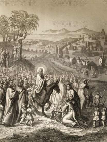 Jesus's triumphal entry into Jerusalem on Palm Sunday, New Testament, steel engraving 1853, digitally restored