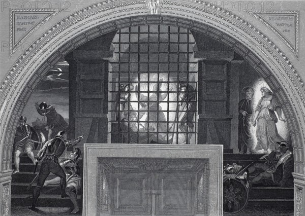 The Liberation of Peter, St. Peter, Peter, based on a painting by Raphael, Vatican, Rome, Italy, illustration, reproduction from a 19th century model. Authentic, file restored for optimal use, exact date of original unknown, historical, engraving of a prison scene with figures and dramatic lighting in Baroque style, monumental and impressive