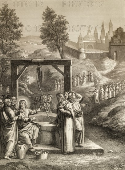 Jesus talks with a Samaritan woman, the Samaritan woman returns, New Testament, Steel engraving 1853, digitally restored