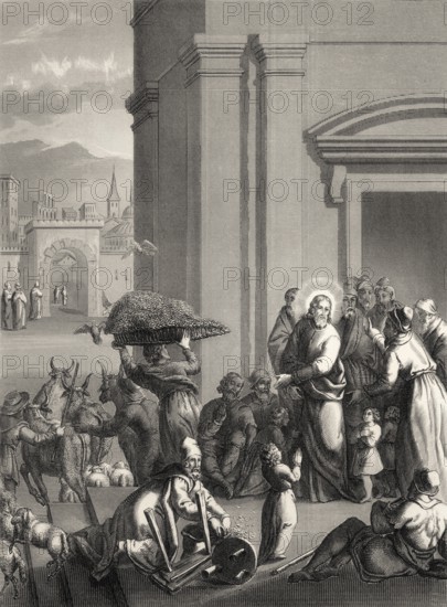 The second cleansing of the Temple, New Testament, steel engraving 1853, digitally restored