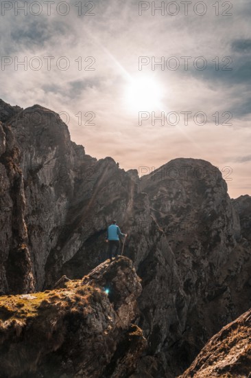 A hiker at the top of the mountain of Aiako Harria or Peñas de Aya in the town of Oiartzun, Guipúzcoa. Basque Country