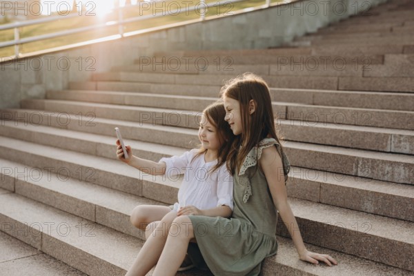 Two young girls sit together on sunlit stone stairs, smiling as they take a selfie. The warm glow of the sun highlights the joyful moment shared between friends in the city