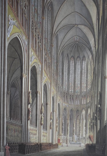 Historical, digitally restored reproduction from a 19th century original, Record date not stated, Cologne Cathedral, interior, the nave, in 1845, Cologne, North Rhine-Westphalia, Germany