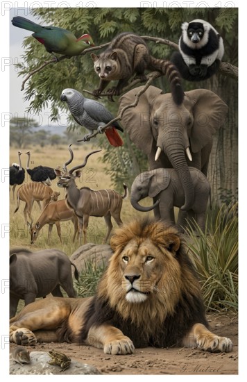 Display board Ethiopian fauna, lion, elephant, ostrich, antelope, kudu, parrot, Africa, wildlife, animal kingdom, wild animal, historical illustration, digitally edited
