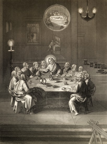 Institution of the Holy Sacrament, New Testament, steel engraving 1853, digitally restored