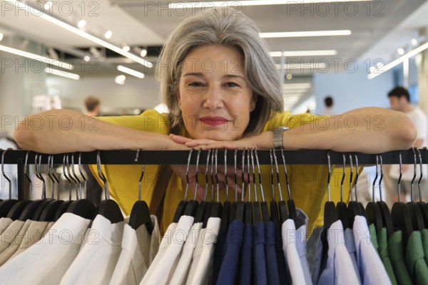 A mature woman with gray hair and a bright yellow shirt smiles warmly while leaning on a clothing rack in a modern store, showcasing various colorful garments