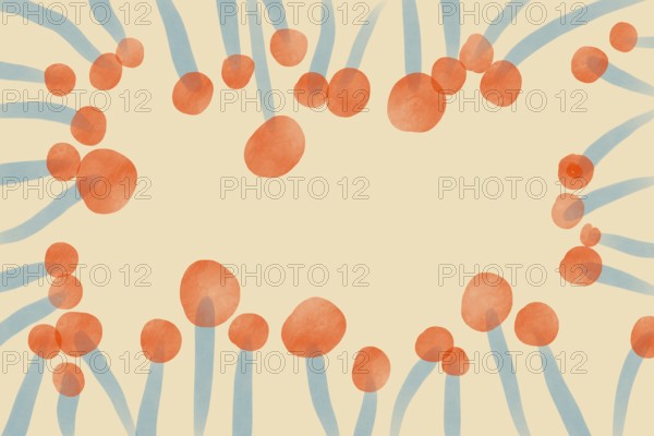 An abstract illustration featuring playful orange circles and blue fluid lines on a beige background. The image evokes a retro, minimalist vibe with its organic pattern art