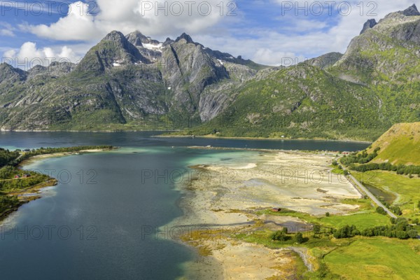 Aerial view of a bay at Raften at the Raftsund, the waterway between Lofoten and Vesteralen, Norway