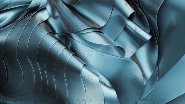 An abstract image showcasing blue metallic waves with a fluid, glossy texture in 3D. The flowing curves and reflective surfaces create a sense of movement and modern elegance
