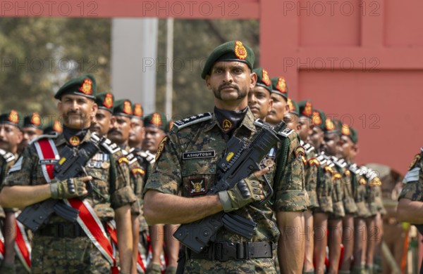 Central Reserve Police Force (CRPF) personnel wearing ceremonial headgear stand in formation during a parade held as part of the 87th Raising Day celebrations, on February 19, 2026 in Guwahati, India