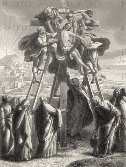 The body of Jesus is taken down from the cross by Joseph of Arimathea, New Testament, steel engraving 1853, digitally restored