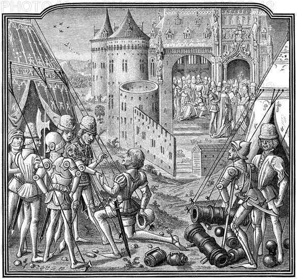 The marriage of Mary or Maria, 1371-1395, Queen regnant of Hungary and Croatia to Sigismund of Luxemburg, 1368-1437, Holy Roman Emperor