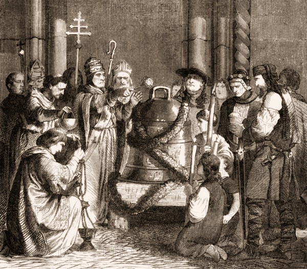 Pope John XIII blessing a bell, Pope from 1 October 965 to his death in 972