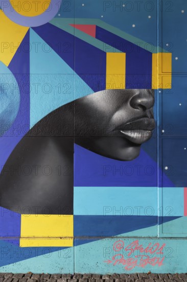 Realistic face with VR glasses made of geometric shapes, 3D portrait, mural by street artist SKIO, Düsseldorf, North Rhine-Westphalia, Germany