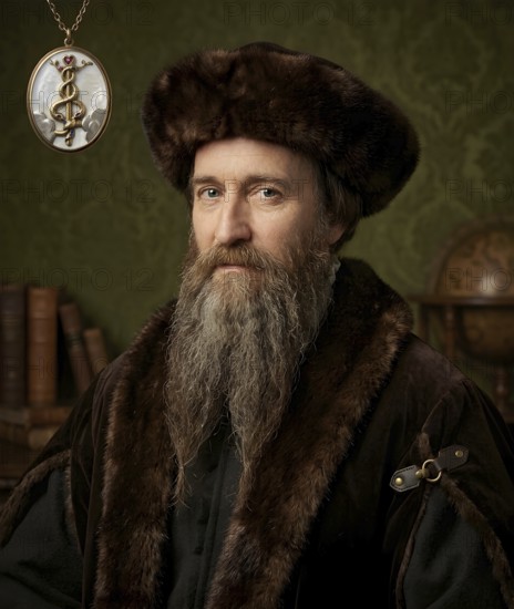 Hans Lufft, Luther's Bible printer, symbolic image historical figure, Bible, evangelism, Enlightenment, Reformation, book printing, Martin Luther, portrait, literature, Christianity, historical illustration, digitally edited