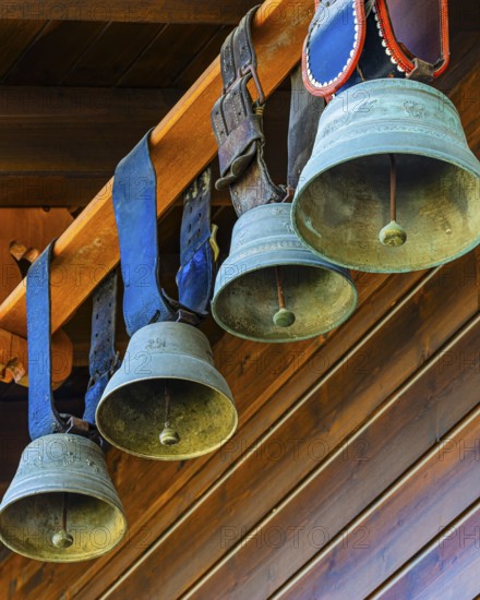 Cowbells as decoration, Grimentz, Val d'Anniviers, Valais Alps, Canton Valais, Switzerland