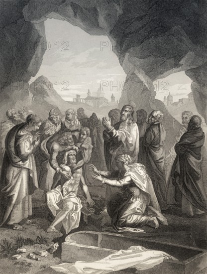 The raising of Lazarus, New Testament, steel engraving 1853, digitally restored