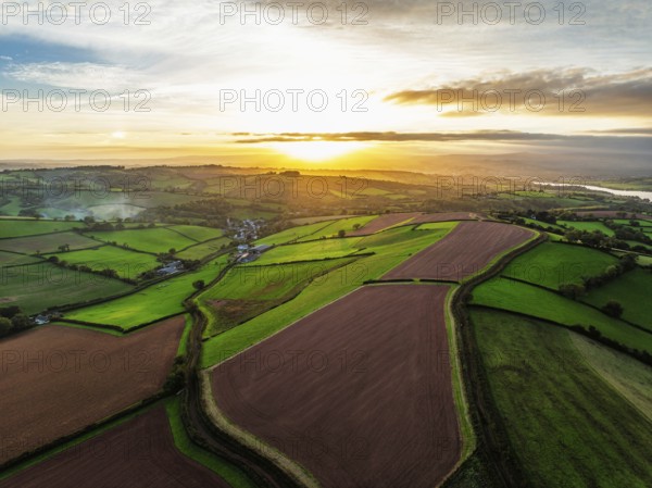 Colours of autumn Fields and Farms over Sheldon from a drone, Torbay, Devon, England, United Kingdom
