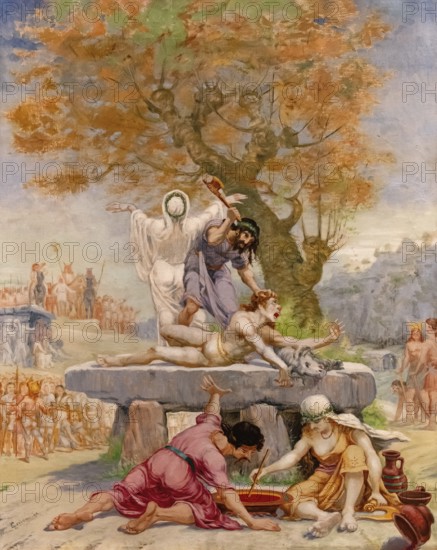 Sacrifice on a dolmen, painting by Jean-Baptiste Cariven (1843 to 1904, French painter), reproduction of a 19th century painting, digitally restored, historical
