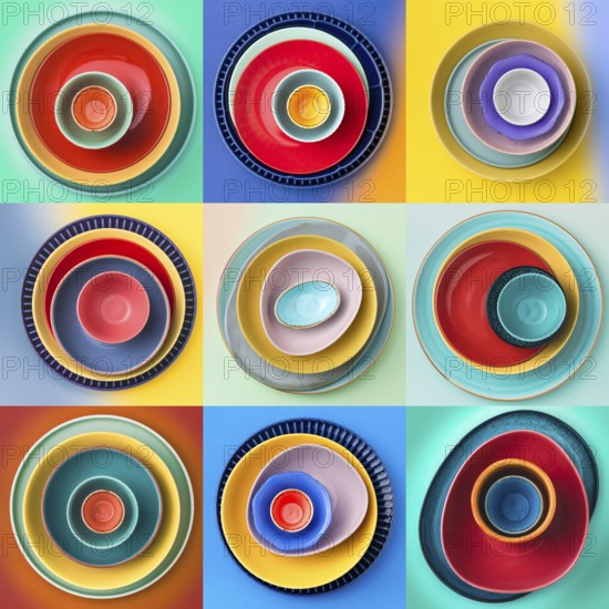 A vibrant collection of nine stacked plates arranged in a grid pattern. Each set features a unique mix of colors and sizes, creating a lively and artistic display