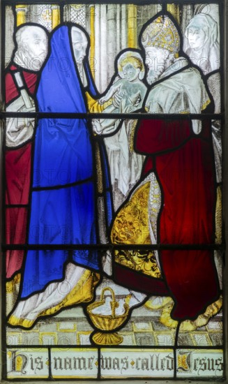 Detail of stained glass window Resurrection by Burlison & Grylls c 1880, Kelsale church, Suffolk, England, UK, baby Jesus is named