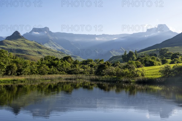 Amphitheatre with reflection in the lake, Royal Natal National Park, Drakensberg Mountains south, Kwa Zulu Natal, South Africa