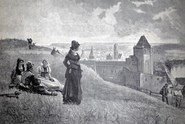 People in rural surroundings in front of a fortified castle or town, in front of the city gate during a trip to the countryside, 1890, illustration, reproduction from a model from the 19th century. Authentic, file restored for optimal use, exact date of submission unknown, Historical, a group of woman looking down at a medieval city under a cloudy sky