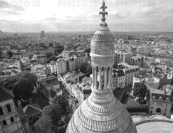 Sacré-Cœur Basilica tower, church in Motmartre, black and white, Paris, France