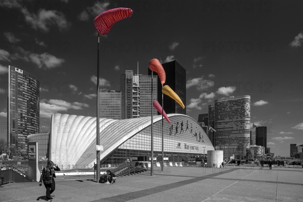 Las Défence, the New High City District, the largest office district in Europe, black and white, Paris, France