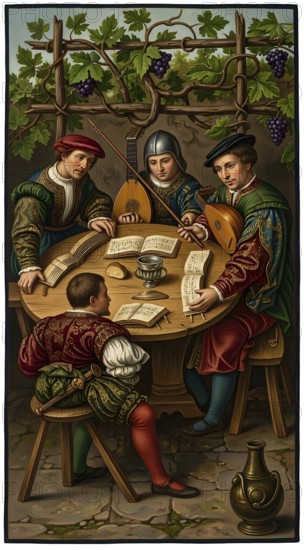 Singing scholars during student life around 1500, historical illustration, digitally edited, university, middle ages, student