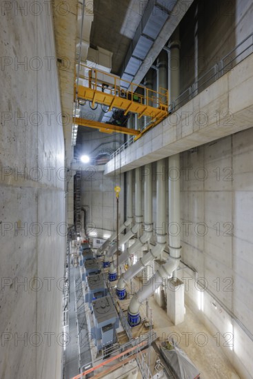 Oberhausen, Ruhr area, North Rhine-Westphalia, Germany - Emscher conversion, new Emscher AKE sewer, here the new Oberhausen pumping station, the engine room with the pumps that will pump 16, 000 litres of wastewater per minute in the future, the ecological conversion of the Emscher system consists of the construction of a central wastewater treatment system in the Ruhr area, the construction of sewers and the renaturation of the Emscher and its tributaries