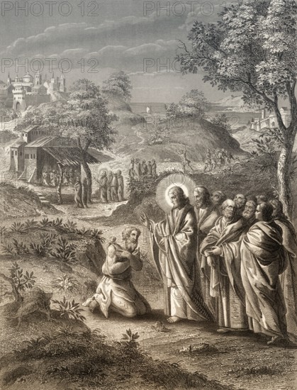 Jesus Christ cures 10 lepers, Steel engraving 1853, digitally restored