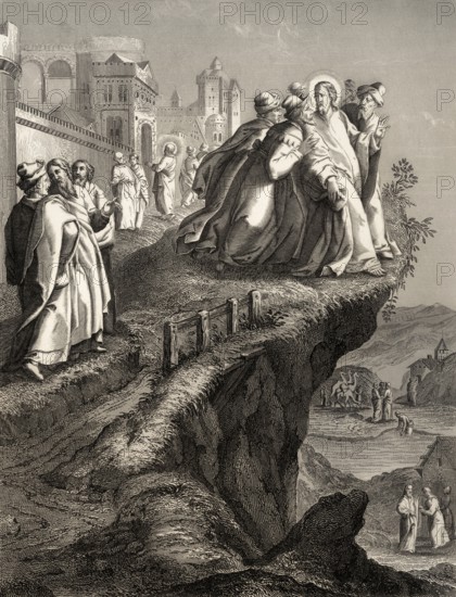 The attempt to throw Christ off a cliff, New Testament, steel engraving 1853, digitally restored
