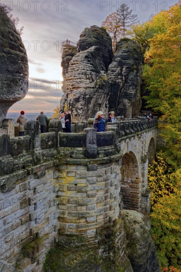 Evening atmosphere at the Bastei bridge, behind the new Bastei view, Bastei, Lohmen, Saxon Switzerland, Elbe Sandstone Mountains, Saxony, Germany