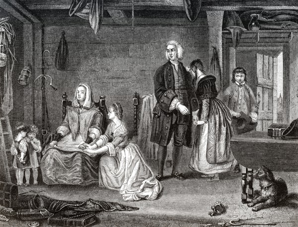 Szene aus The Vicar of Wakefield, einem Roman von Oliver Goldsmith (1728, 1774), einem irischen Schriftsteller