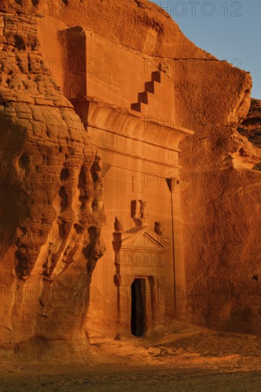 Nabataean tomb at Djabal Khraymat in first daylight, Hegra or Madain Salih, AlUla region, Medina province, Saudi Arabia, Arabian Peninsula