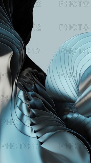 A dynamic abstract composition featuring flowing metallic blue and black curves in 3D. The interplay of light and shadow creates a sense of depth and movement, evoking elegance and mystery