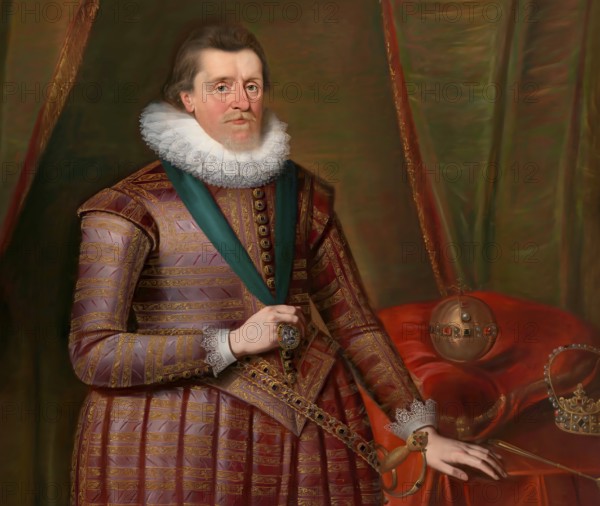 James VI and I, James Charles Stuart, 1566 – 1625, King of England, Scotland and Ireland, digitally edited after a painting by Paul van Somer
