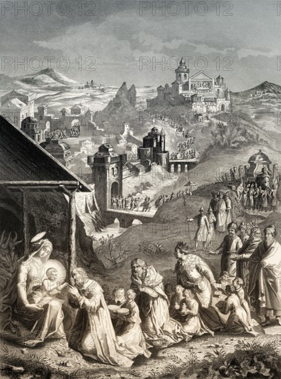 The epiphany of Jesus, Arrival of the Magi, steel engraving, 1853, digitally restored