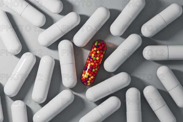A vibrant capsule filled with colorful beads stands out among white medicine tablets on a gray surface, creating a striking contrast