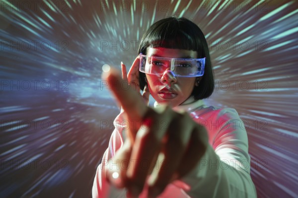 Latin woman interacts with an immersive virtual reality environment, wearing VR glasses. The scene is vibrant with colorful lights, symbolizing futuristic technology and digital innovation
