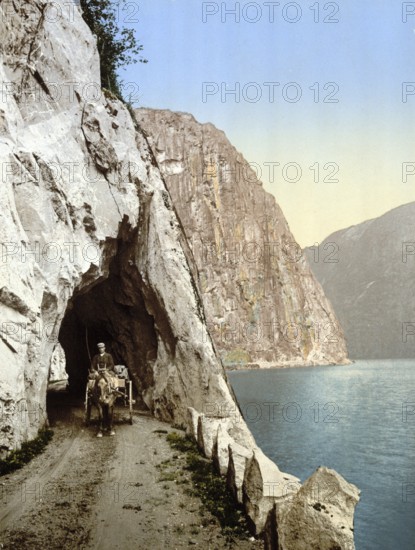 Road to Vorinfos, Voringsfoss, Hardanger Fjord, Norway, View from 1885, Historical, digitally restored reproduction from a 19th century original, Record date not stated