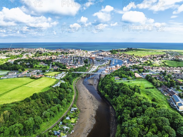 Larpool Viaduct over River Esk and Esk Valley Viaduct from a drone, Whitby, North Yorkshire, England, United Kingdom