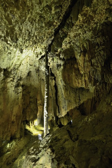 Column of stalactites and stalagmites, stalactite cave, Höllgrotten, Baar, Canton Zug, Switzerland
