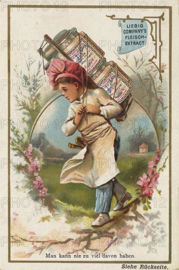 Picture series Children in various professions with Liebig glass, Liebig picture, digitally restored reproduction of a collector's picture from around 1900, public domain, exact date unknown, boy carrying several products through a picturesque landscape and appears cheerful and full of energy
