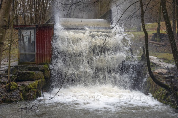 Waterwheel driven by floods, Egloffstein, Upper Franconia, Bavaria, Germany