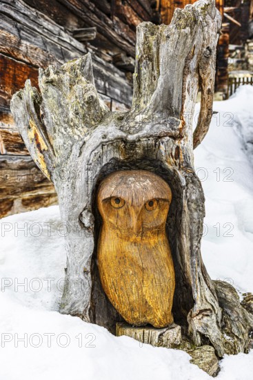 Owl carved from a tree stump, surrounded by snow, Chandolin, Val d'Anniviers, Valais Alps, Canton Valais, Switzerland