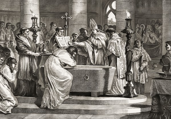 Baptism of Clovis by Saint Remigius, cathedral of Reims, 496, Clovis, Chlodovechus, Chlodwig I., Chlodowech, 466-511, King of the Franks of the Merovingian dynasty