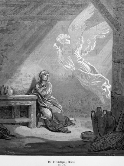The Annunciation of Mary, Luke, chapter 1, verse 28, birth of the Savior Jesus is announced to Mary, interior, angel, ray of light, table, pitcher, awe, frighten, sit, apparition, Christian religion, Bible, New Testament, steel engraving Doré, historical illustration 1885